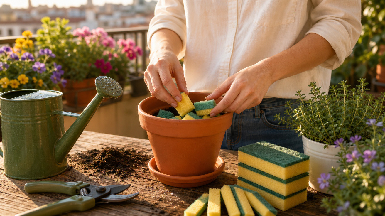 Pessoa colocando esponjas dentro de vaso de plantas em mesa com regador, tesoura e flores coloridas.