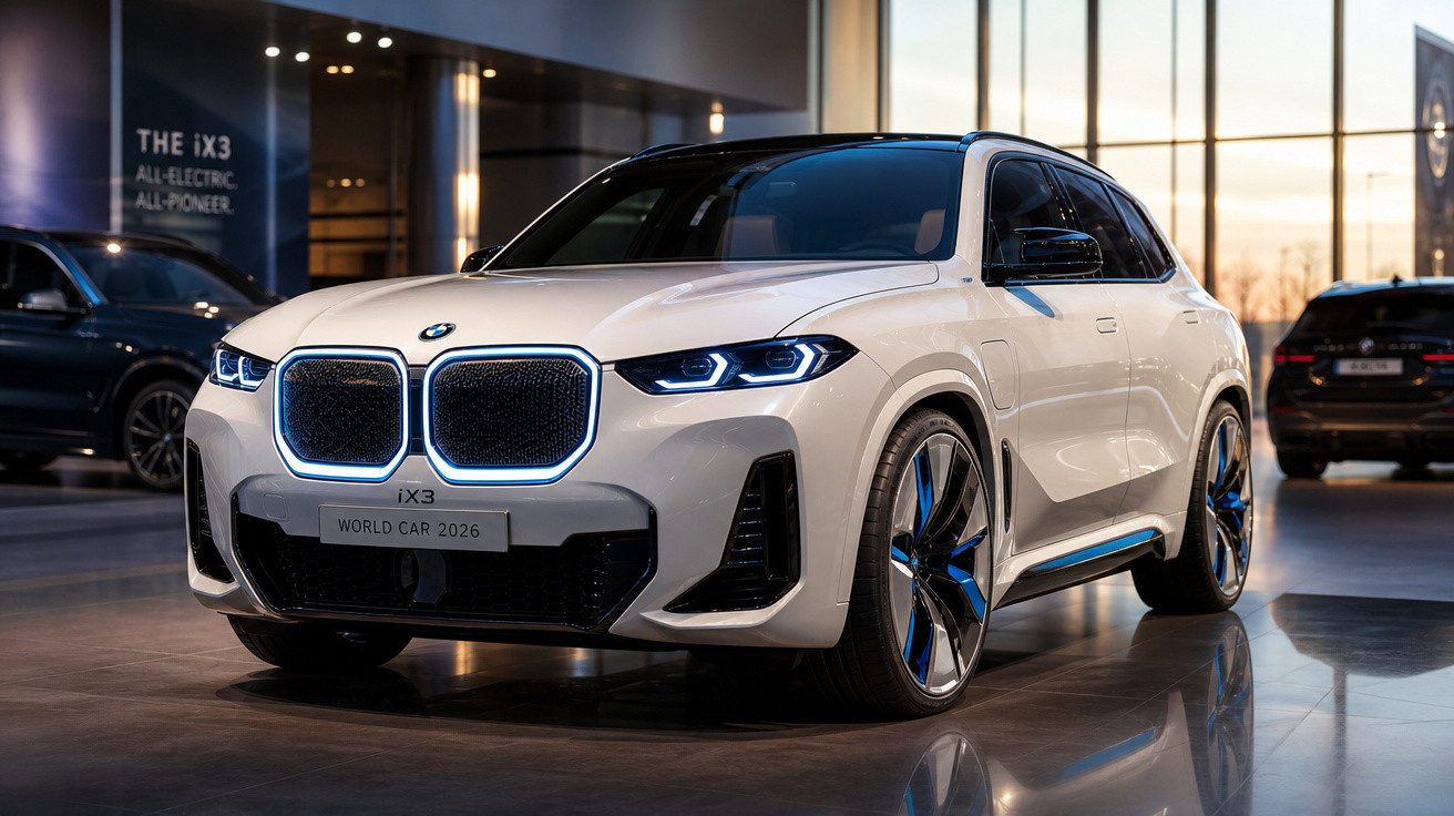Carro elétrico BMW iX3 branco exposto em showroom moderno com iluminação suave ao entardecer.