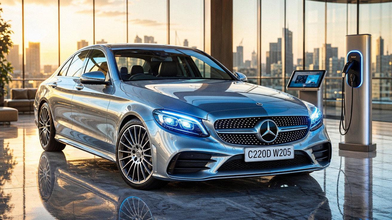 Carro Mercedes-Benz prata estacionado ao lado de carregador elétrico em ambiente interno moderno.