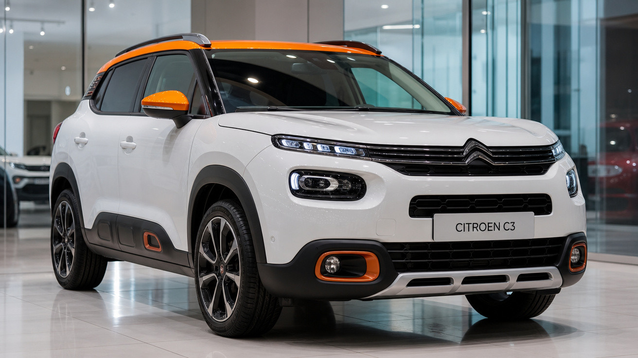 SUV Citroën C3 branco com detalhes laranja, exibido em showroom moderno e iluminado.