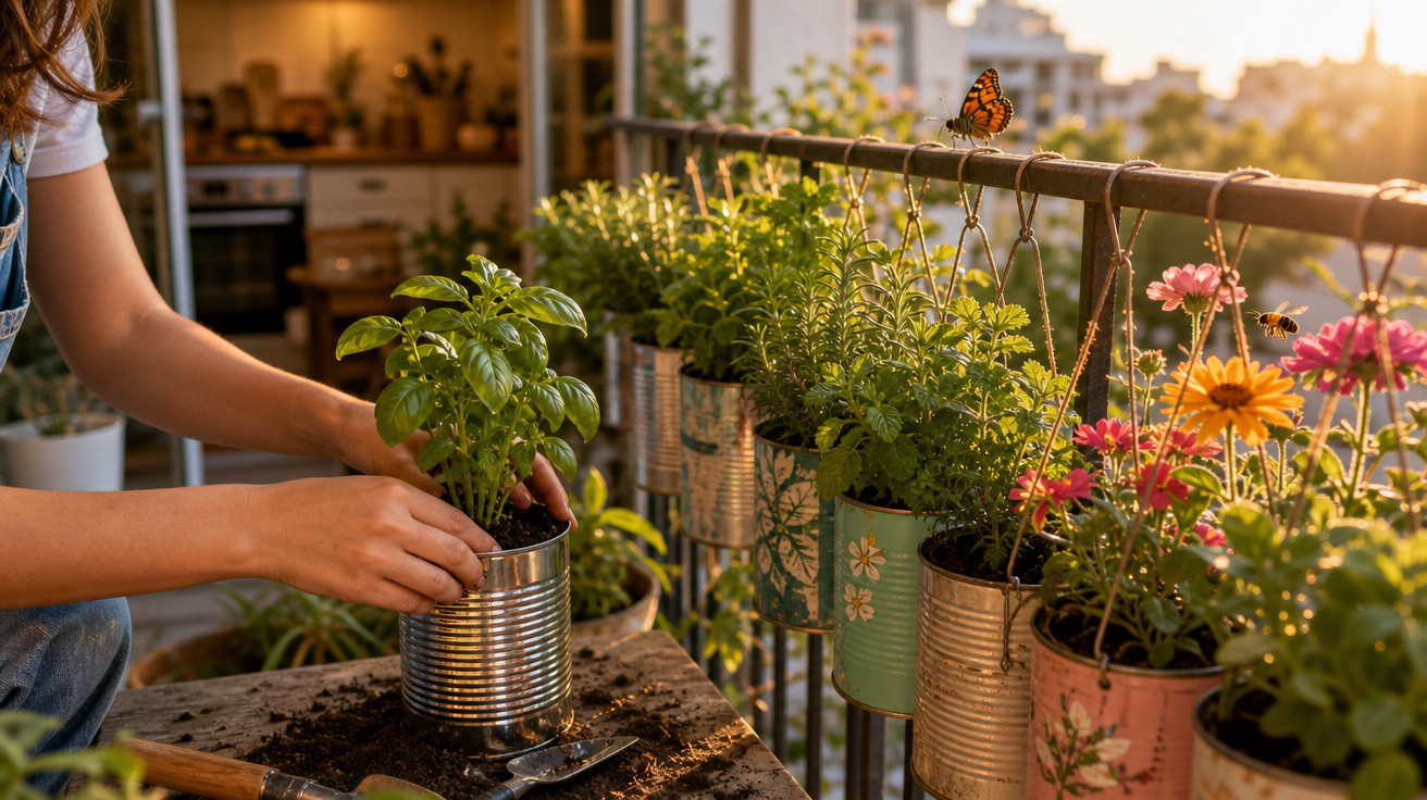 Pessoa cuidando de plantas em latas penduradas na varanda ao entardecer, com borboleta e abelha nas flores.