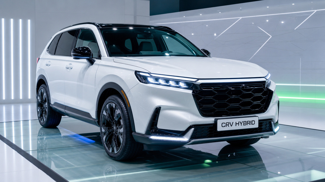 SUV Honda CR-V Hybrid branco exibido em ambiente moderno com iluminação branca e verde.