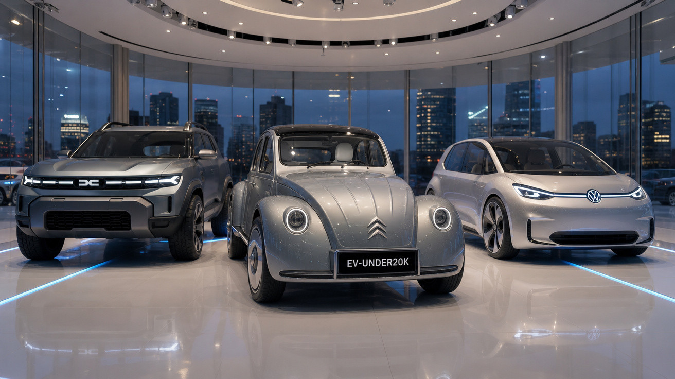 Três carros elétricos modernos exibidos à noite em sala com janelas de vidro e vista urbana ao fundo.