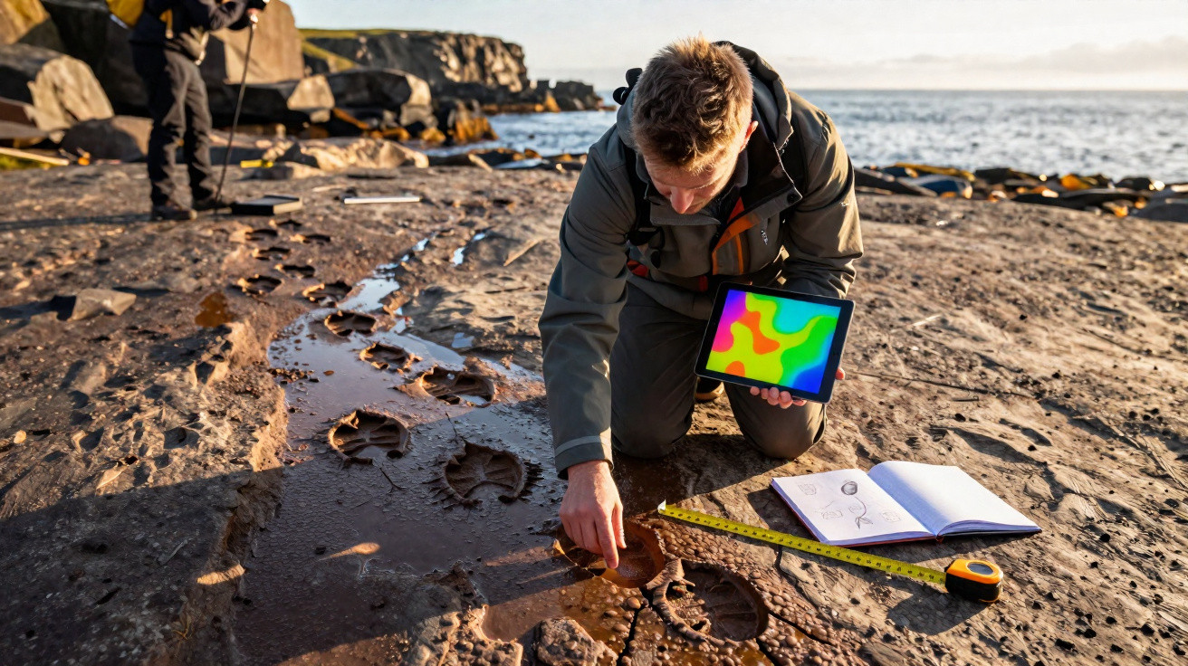 Pesquisador analisa pegadas fossilizadas na lama com tablet, caderno e fita métrica em ambiente costeiro rochoso.