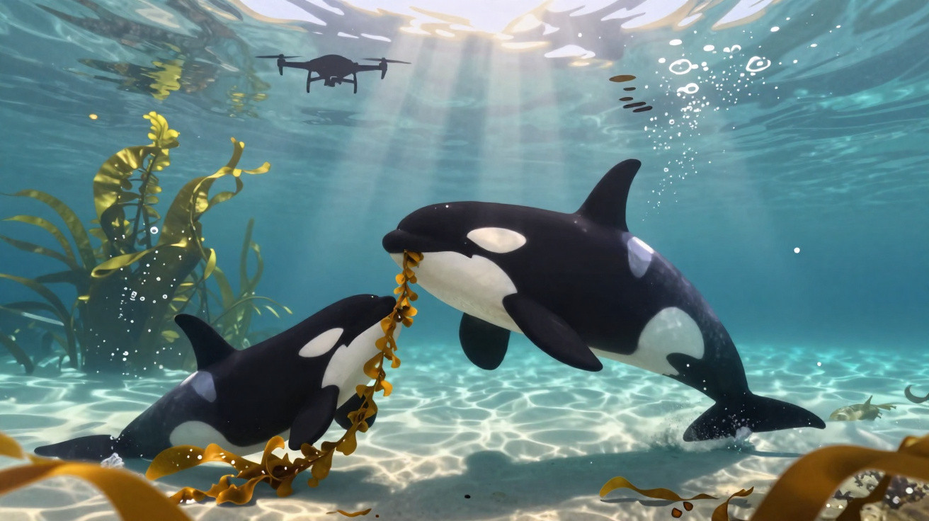 Duas orcas nadando e brincando com algas marinhas sob a água, com drone sobrevoando na superfície.