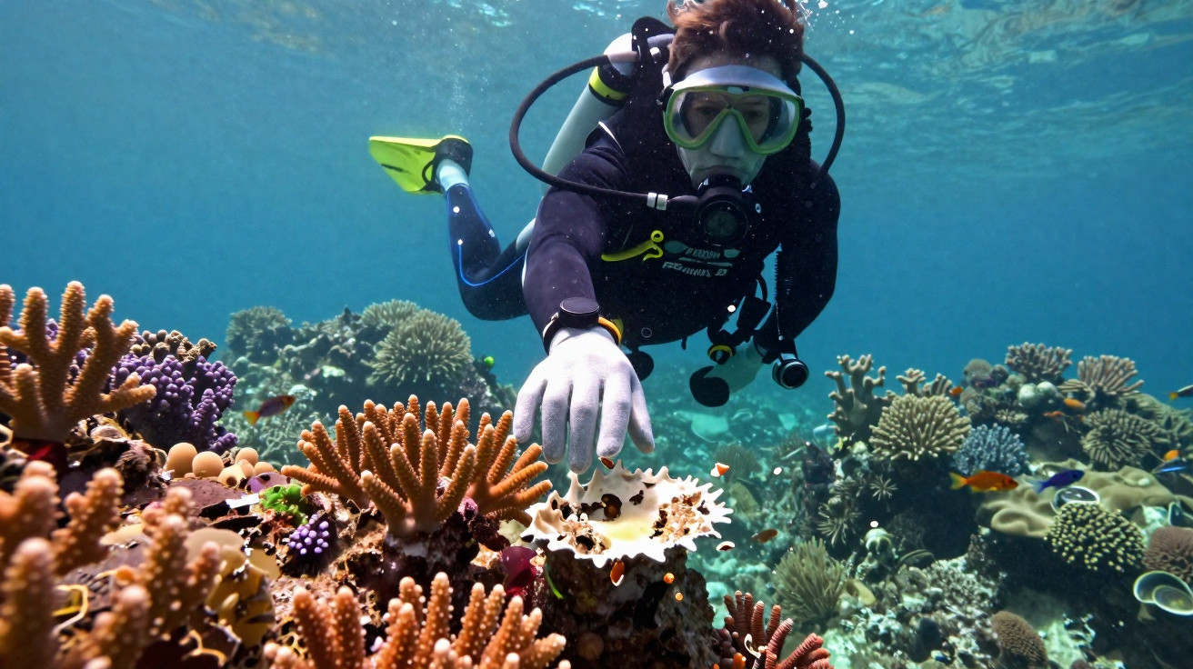 Mergulhador equipado explorando recife de coral colorido cheio de peixes tropicais.