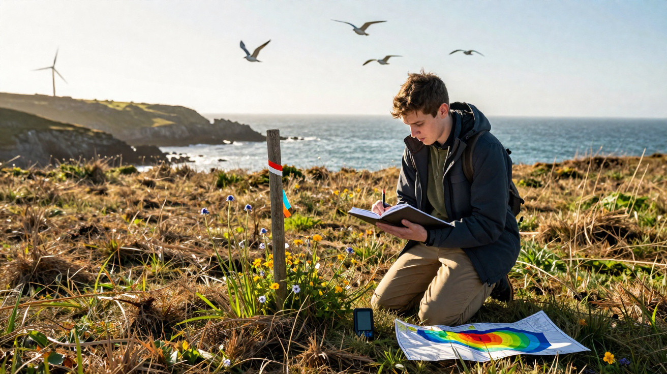 Jovem registrando anotações em caderno em área costeira com mapa colorido e pássaros voando ao fundo.