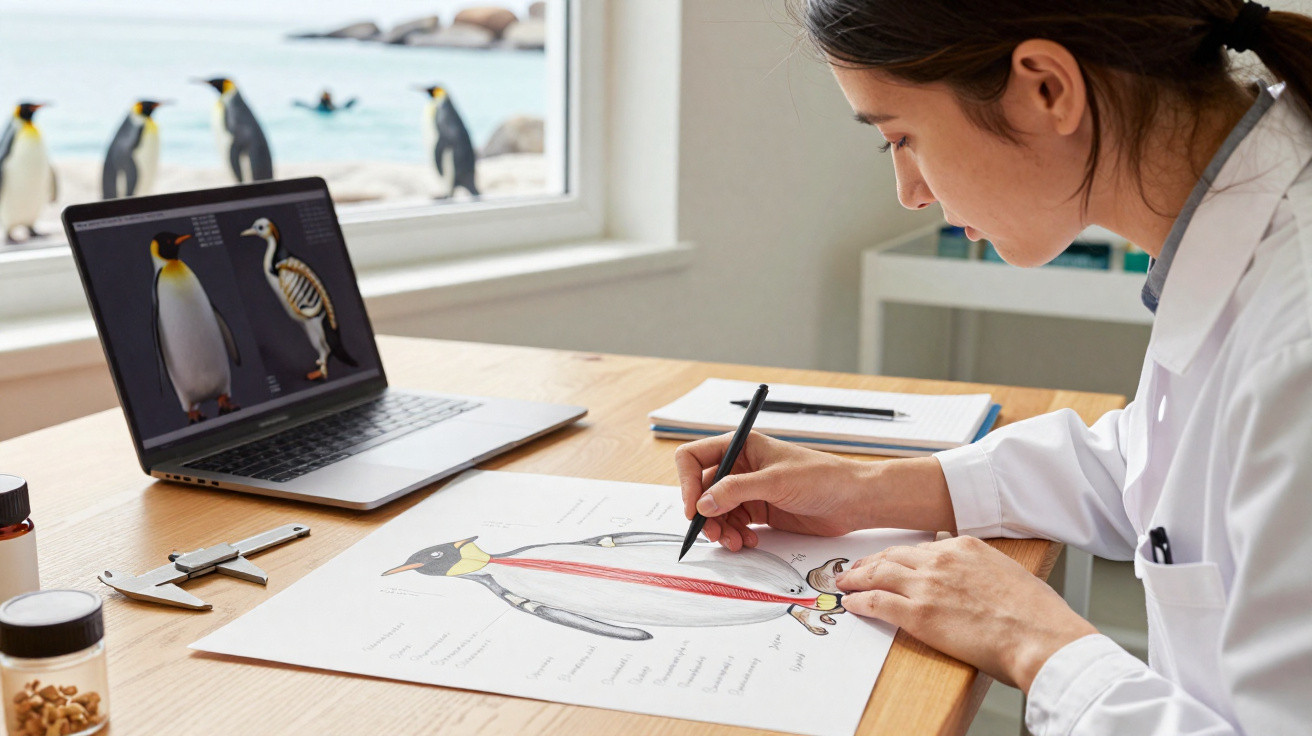 Mulher estudando anatomia de pinguim com desenho e laptop em mesa próxima a janela com pinguins do lado de fora.