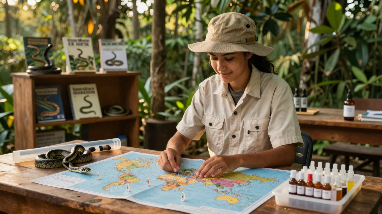 Jovem de chapéu interage com mapa em mesa, ao lado de cobra e frascos, em ambiente natural com livros ao fundo.