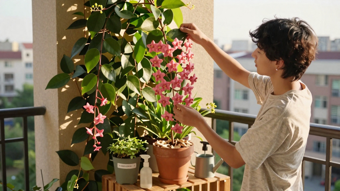 Pessoa cuidando de planta com flores cor-de-rosa em vaso numa varanda ensolarada de apartamento.