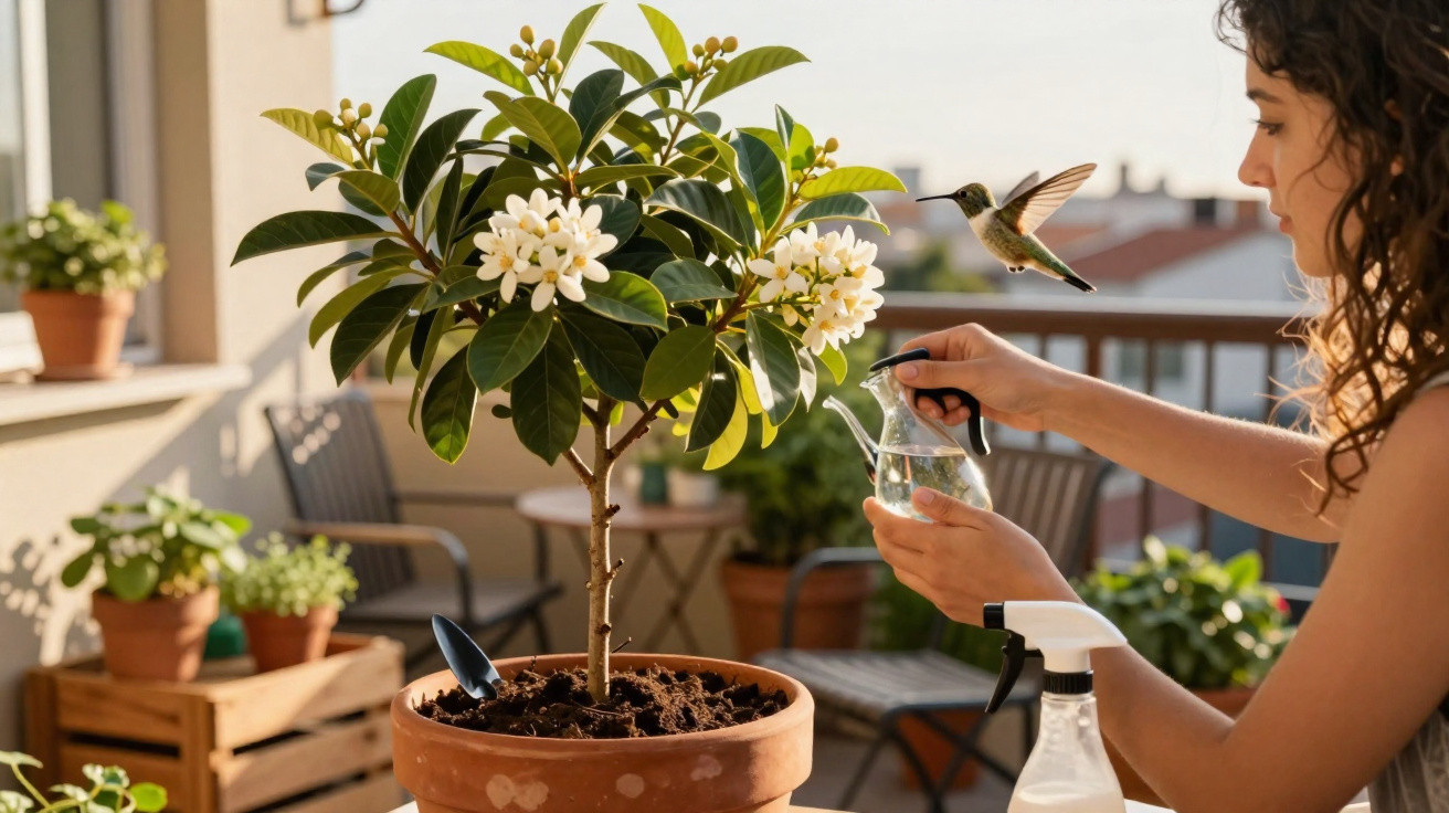 Mulher regando planta florida em vaso com beija-flor voando próximo na varanda ensolarada.