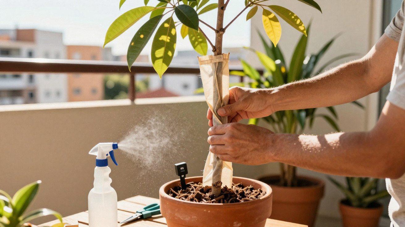 Pessoa cuidando de planta em vaso com suporte, borrifador e tesoura em varanda ensolarada.