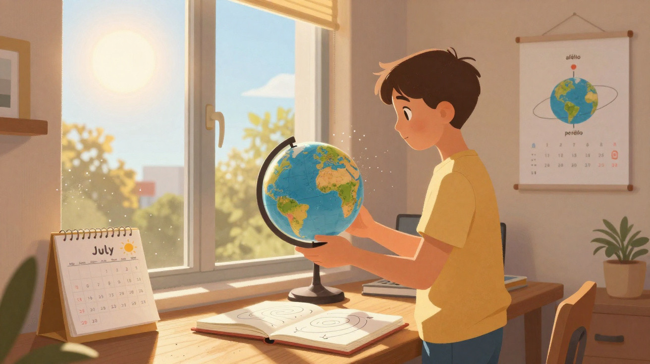 Garoto olhando para globo terrestre em mesa com calendário, livro e luz do sol entrando pela janela aberta.