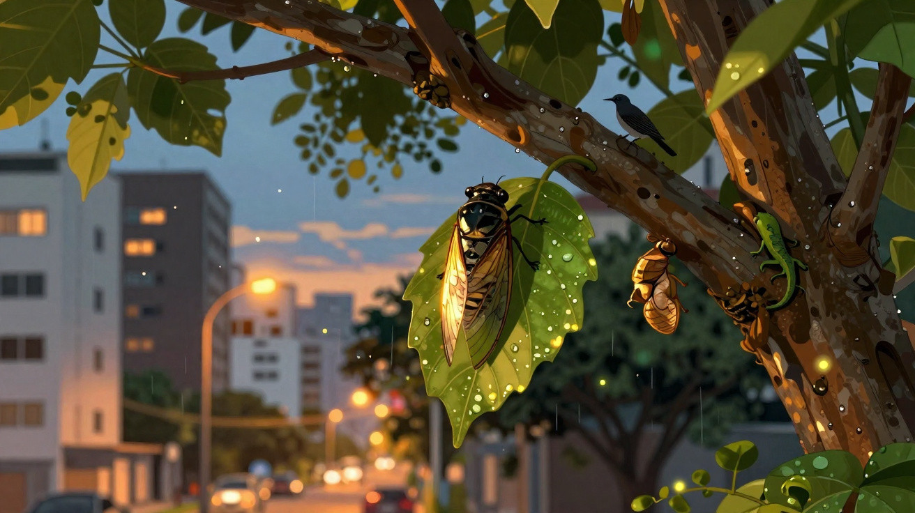 Cigarra pousada em folha de árvore com gotas de chuva em área urbana ao entardecer.