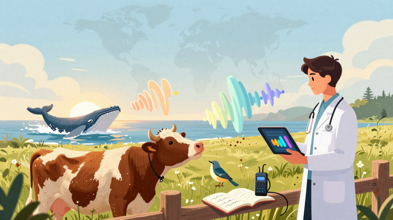 Veterinário usando tablet para monitorar saúde de vaca, com ondas sonoras e baleia no fundo marinho.
