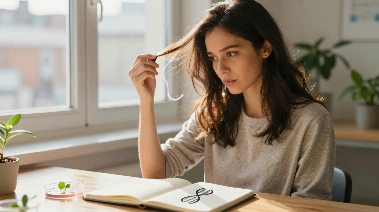 Jovem estudando biologia com modelo de DNA em livro, sentada à mesa próxima à janela iluminada.