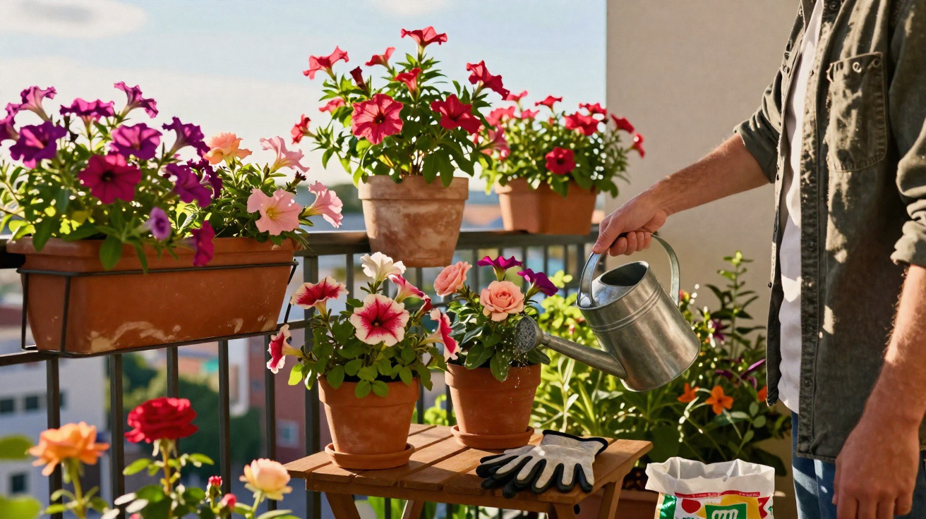 Pessoa regando flores em vasos de barro e plástico em varanda ensolarada com luvas de jardinagem ao lado.