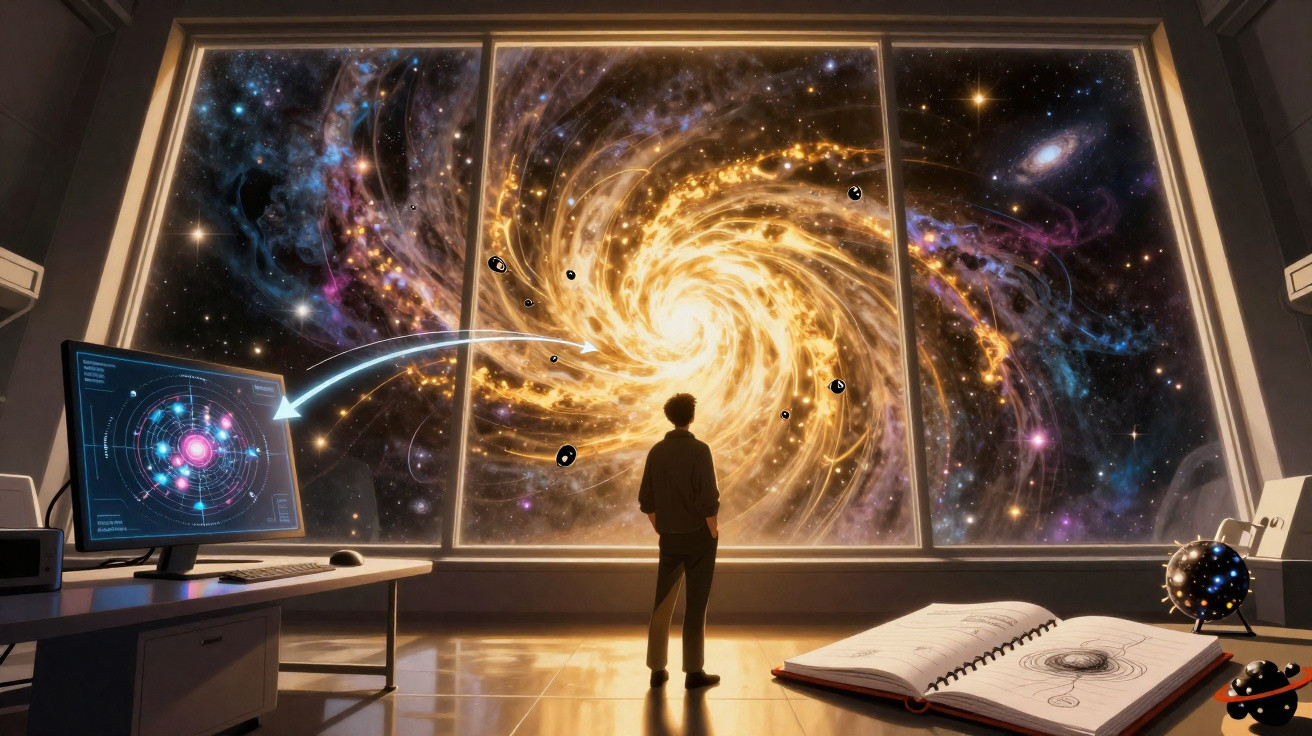 Pessoa observa grande galáxia espiral brilhante através de janela em sala com computador e livro aberto.