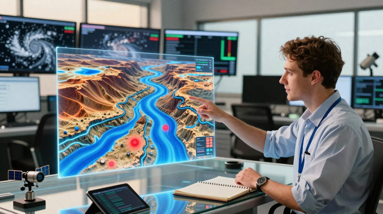 Homem analisando dados geográficos de um rio em ambiente de alta tecnologia com múltiplas telas digitais.