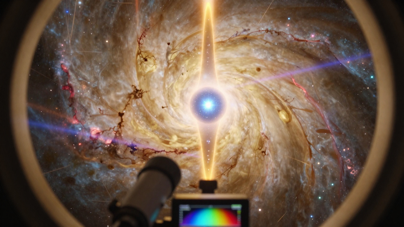 Observatório astronômico com telescópio focando um fenômeno cósmico em espiral brilhante no espaço.