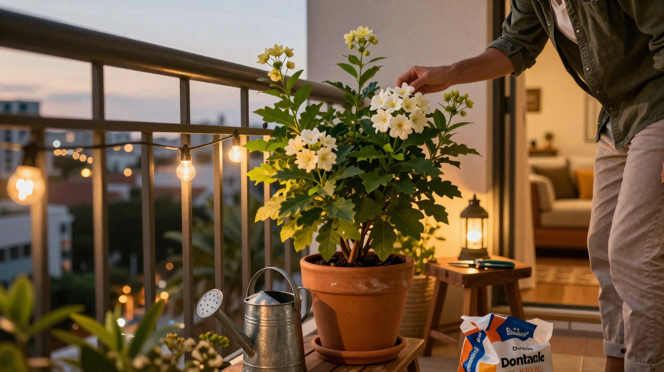 Pessoa cuidando de planta florida no vaso em varanda à noite com luzes decorativas e regador metálico.