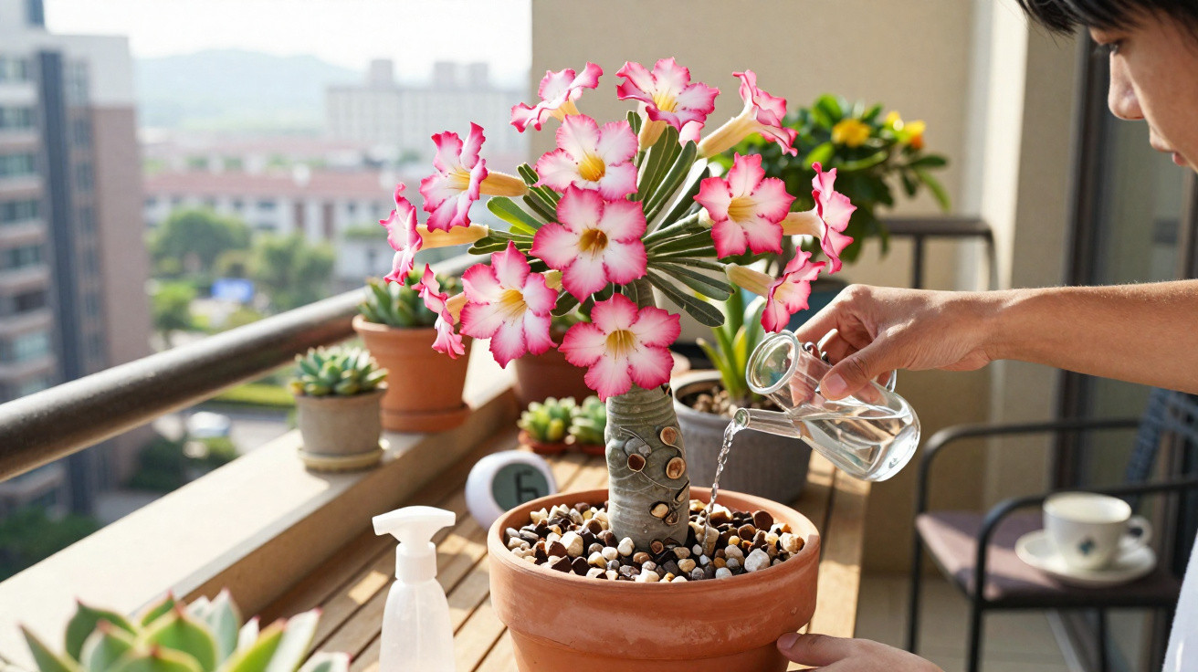 Pessoa regando planta com flores rosas em vaso de cerâmica em varanda ensolarada com outras plantas ao fundo.