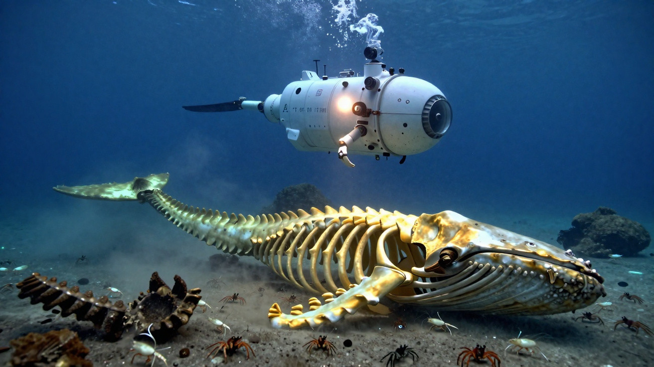 Submarino robótico iluminando esqueleto gigante de criatura marinha no fundo do oceano.