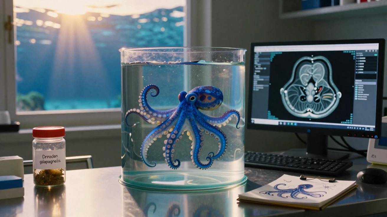 Polvo azul em aquário de vidro sobre mesa com computador e anotações de estudo ao fundo.