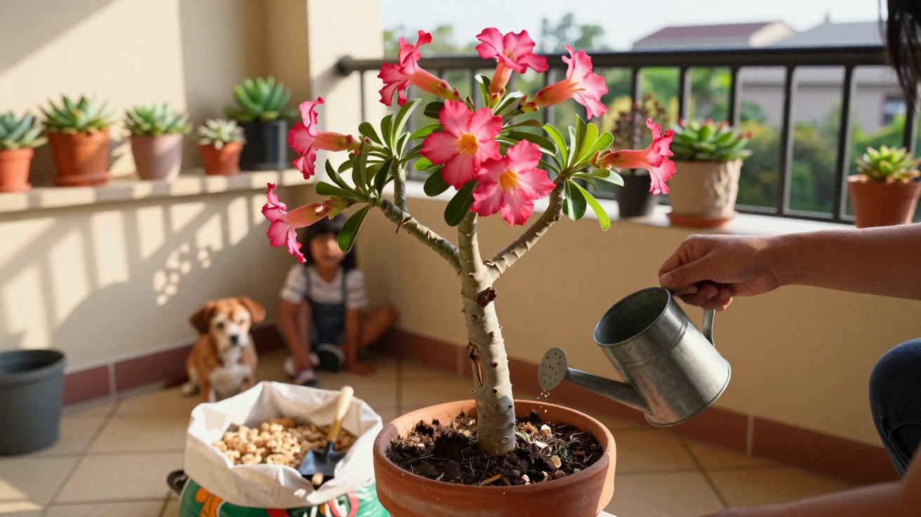 Pessoa regando planta florida em vaso no chão de varanda, com criança e cachorro ao fundo.