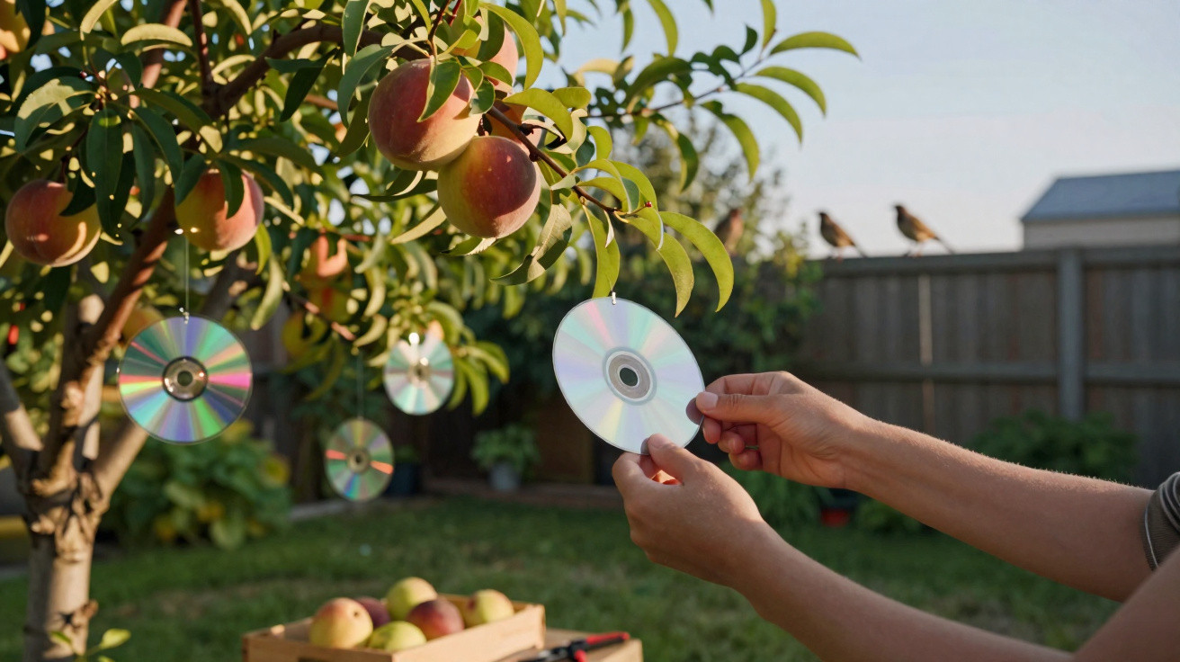 Pessoa pendura CDs em árvore de pêssegos para proteger frutas no jardim.