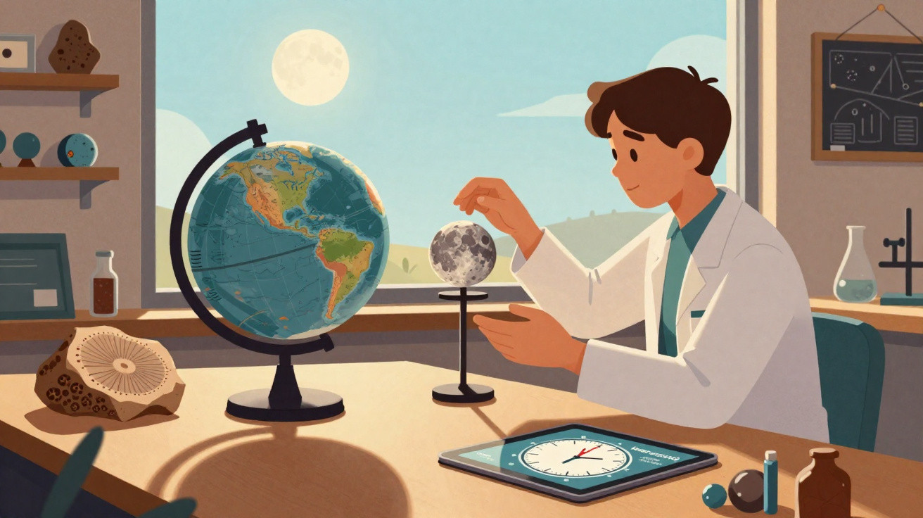 Jovem cientista em laboratório manipulando modelo da lua, com globo terrestre e tablet sobre mesa.
