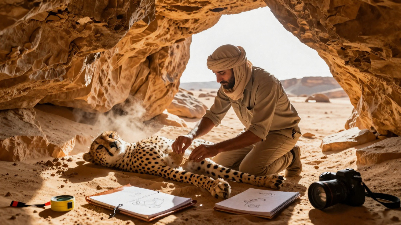 Homem com turbante examina guepardo deitado dentro de uma caverna no deserto com esboços e câmera ao lado.