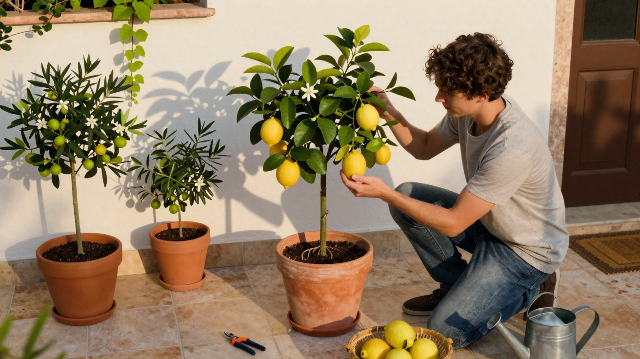 Homem observa limões em vaso ao lado de plantas cítricas em varanda ensolarada.