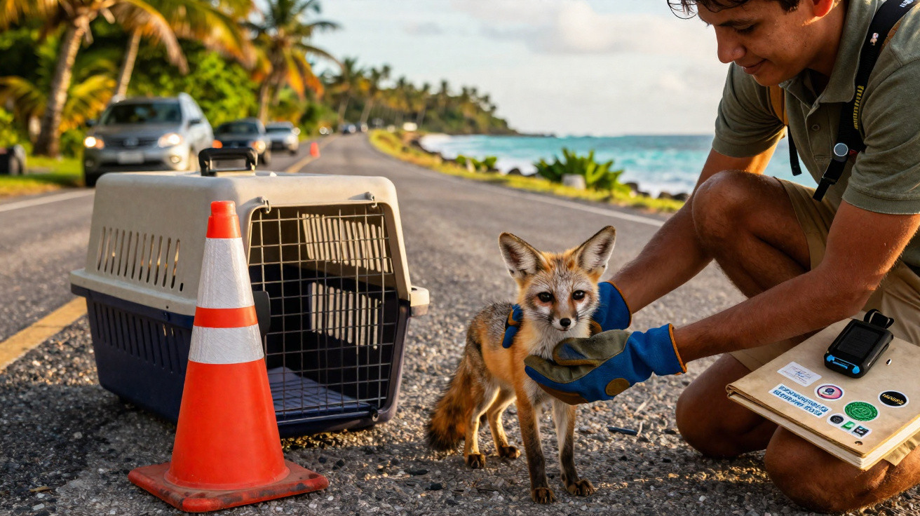 Rapaz de luvas azuis segurando uma raposa ao lado de caixa de transporte e cone na estrada perto do mar.