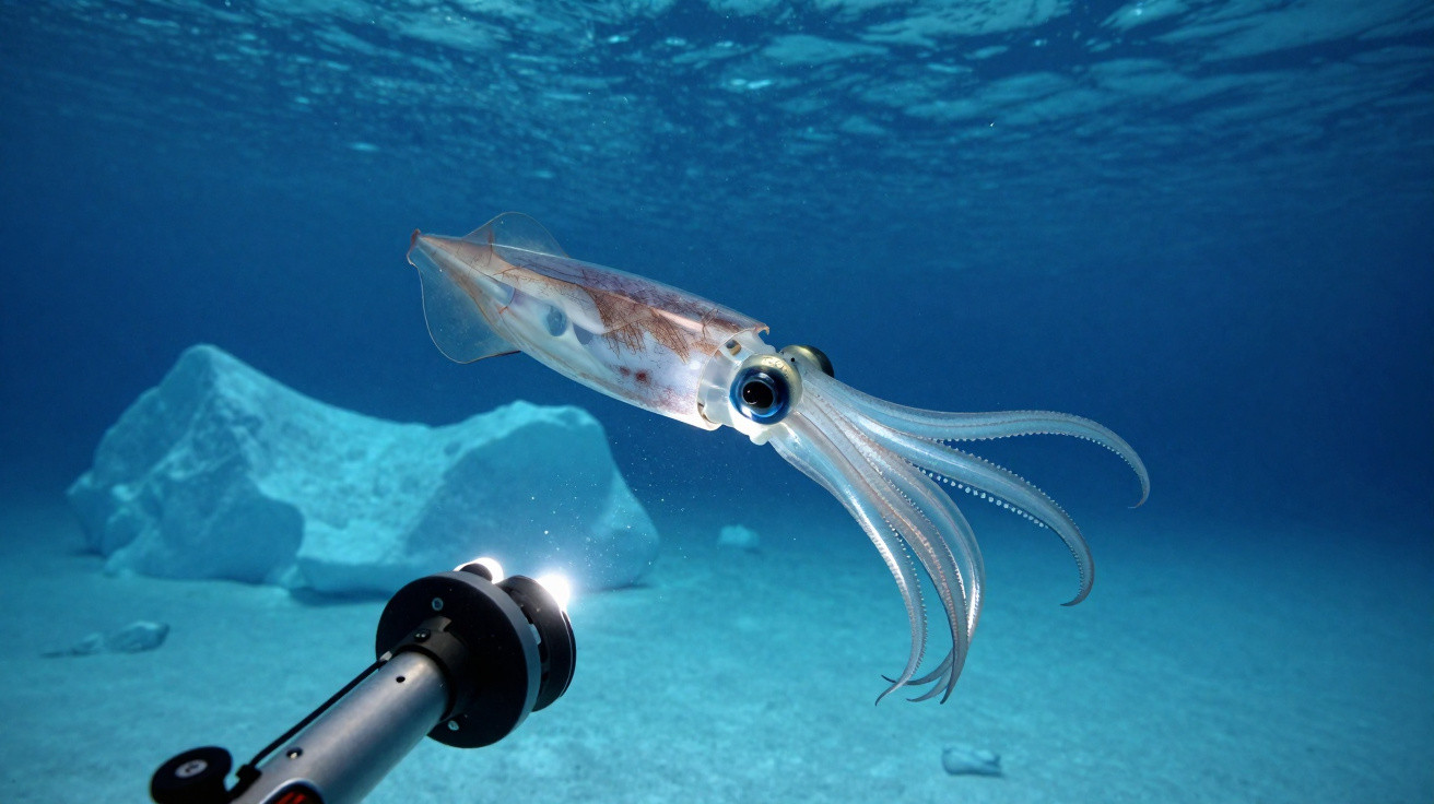 Lula marinha iluminada por lanterna subaquática em área de fundo oceânico rochoso.