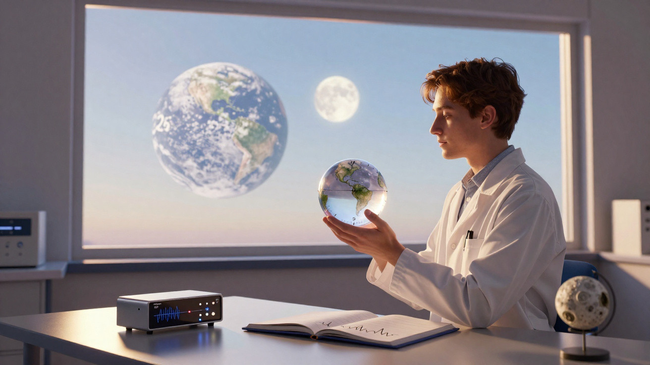 Jovem cientista observa globo terrestre holográfico em sala com janelas mostrando Terra e Lua ao fundo.