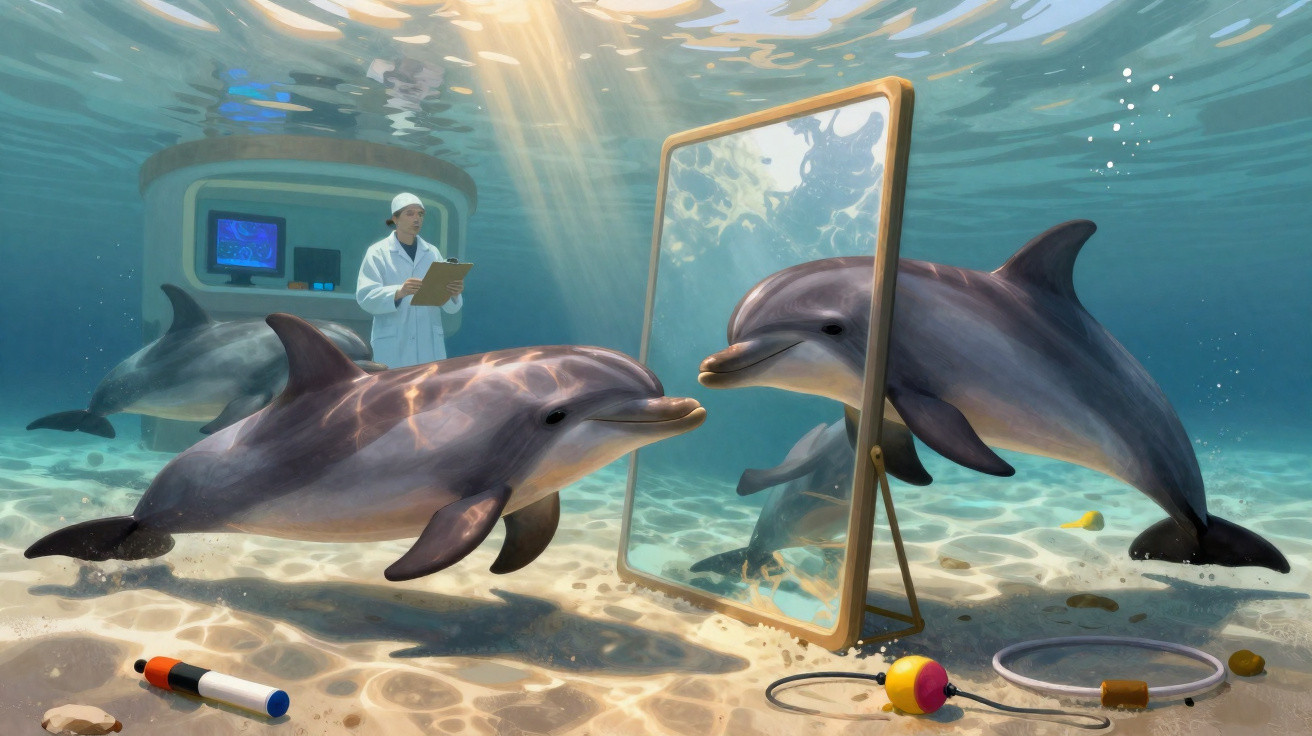 Golfinhos nadando e interagindo com um espelho no fundo do mar, enquanto cientista observa em estrutura subaquática.