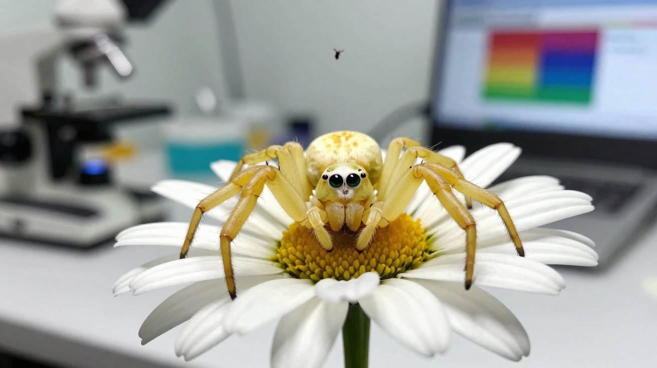 Aranha amarela sobre flor branca em ambiente de laboratório com microscópio e laptop ao fundo.