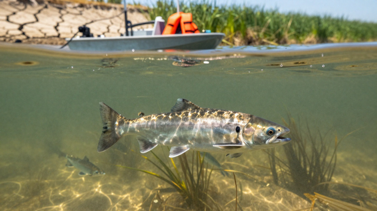 Peixe nadando em água clara com plantas submersas e barco com coletes salva-vidas laranja na superfície.