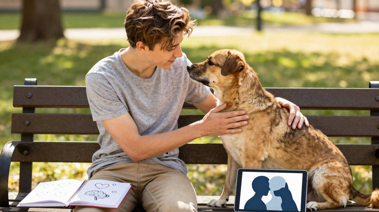 Jovem sentado em banco de parque acariciando cachorro, com caderno e tablet mostrando imagem de pessoas e animais.