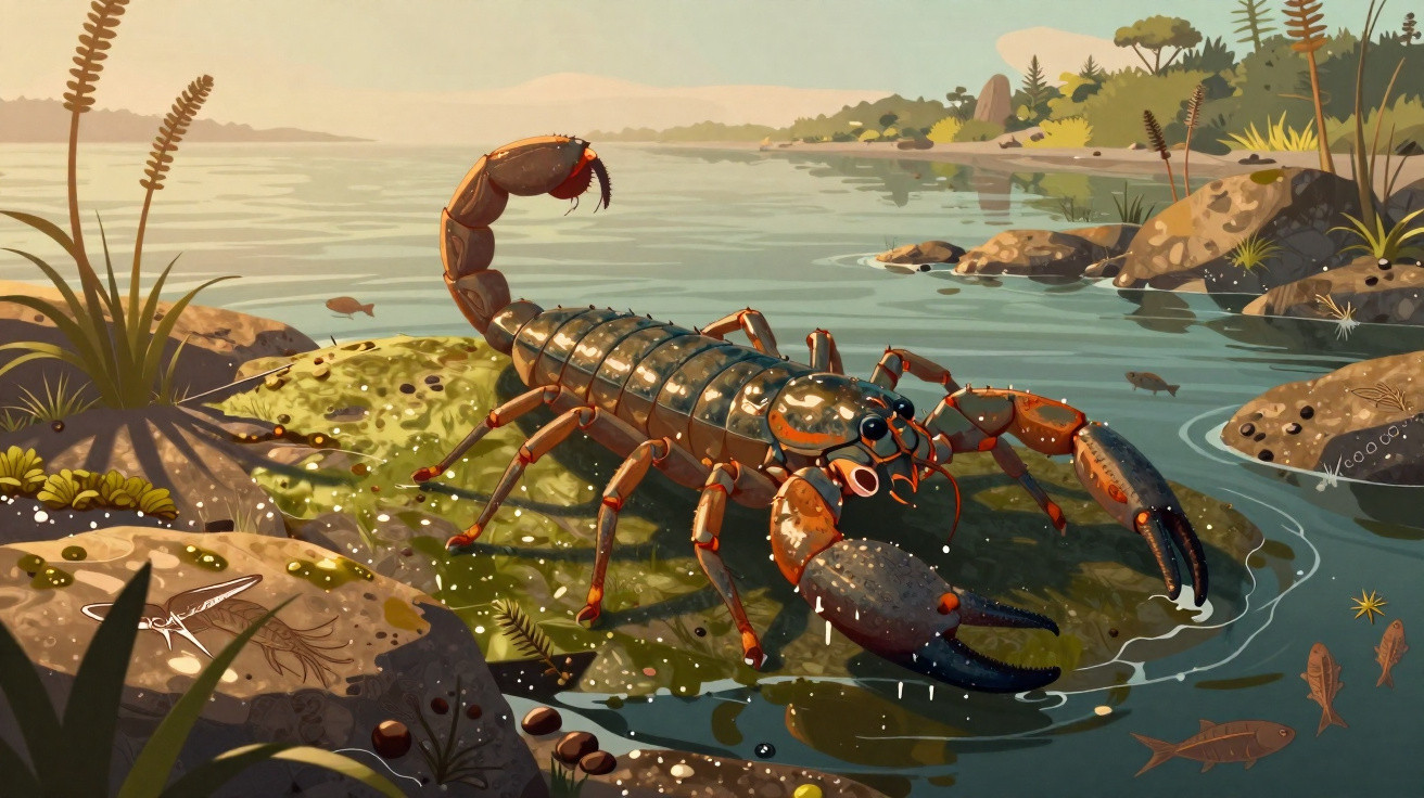 Escorpião grande em ilustração à beira de um lago com plantas, pedras e peixes ao redor.