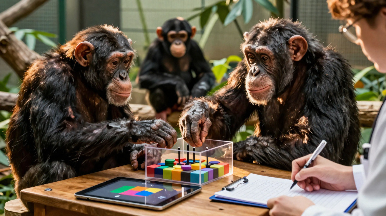 Dois chimpanzés interagindo com um brinquedo educativo enquanto uma pessoa anota observações próximas.