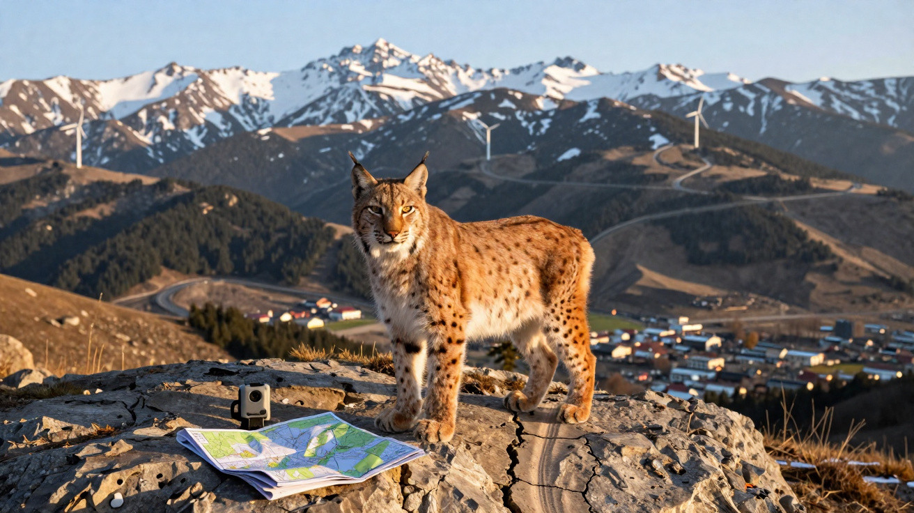 Lince sobre pedra com mapa e câmera, montanhas nevadas e vilarejo ao fundo ao pôr do sol.