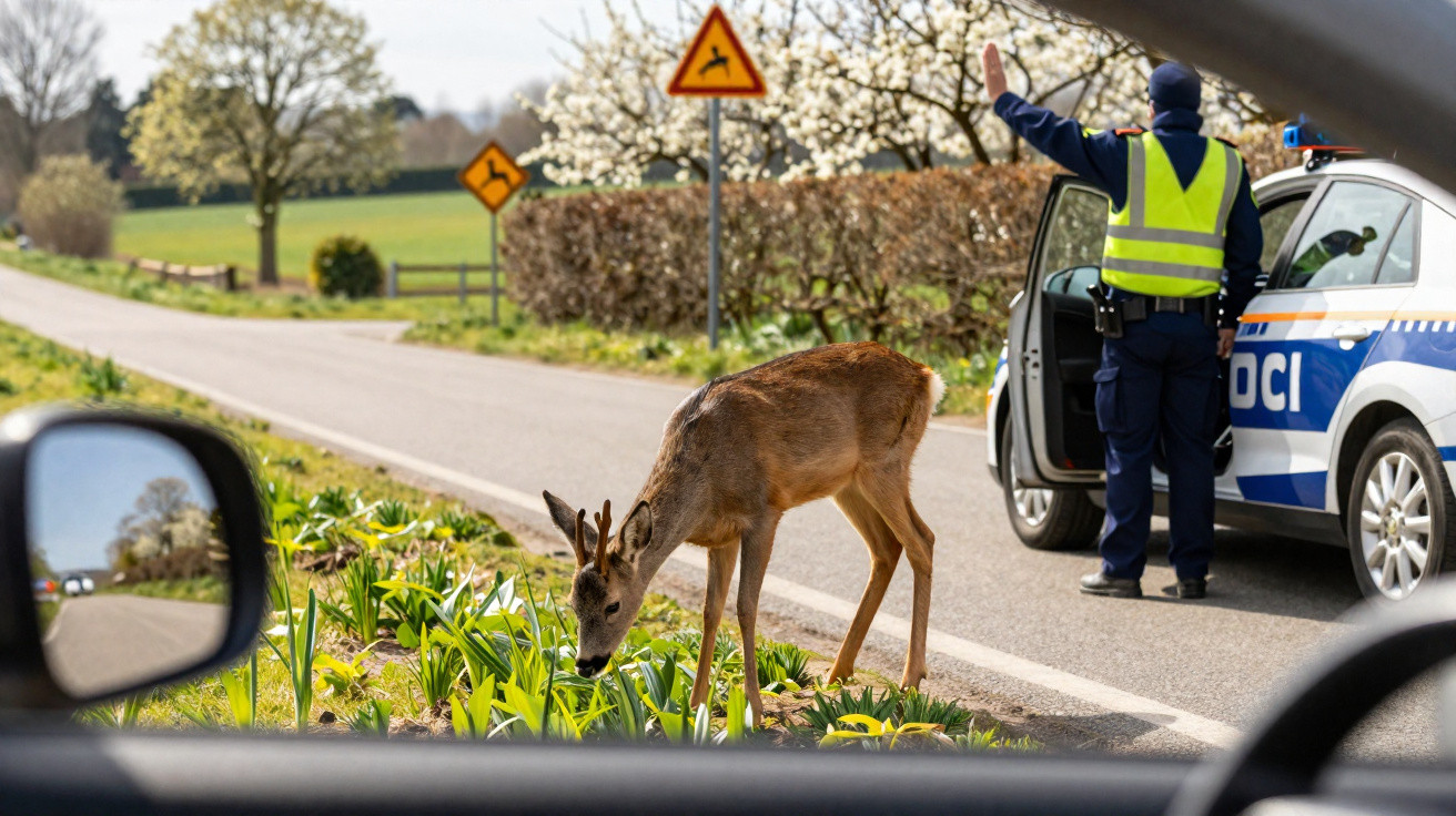 Veado parado na beira da estrada com policial controlando o trânsito ao fundo em área rural.