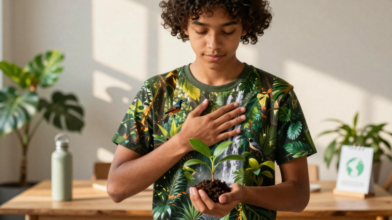 Jovem segurando muda de planta com terra, demonstrando cuidado e conexão com a natureza em ambiente interno.