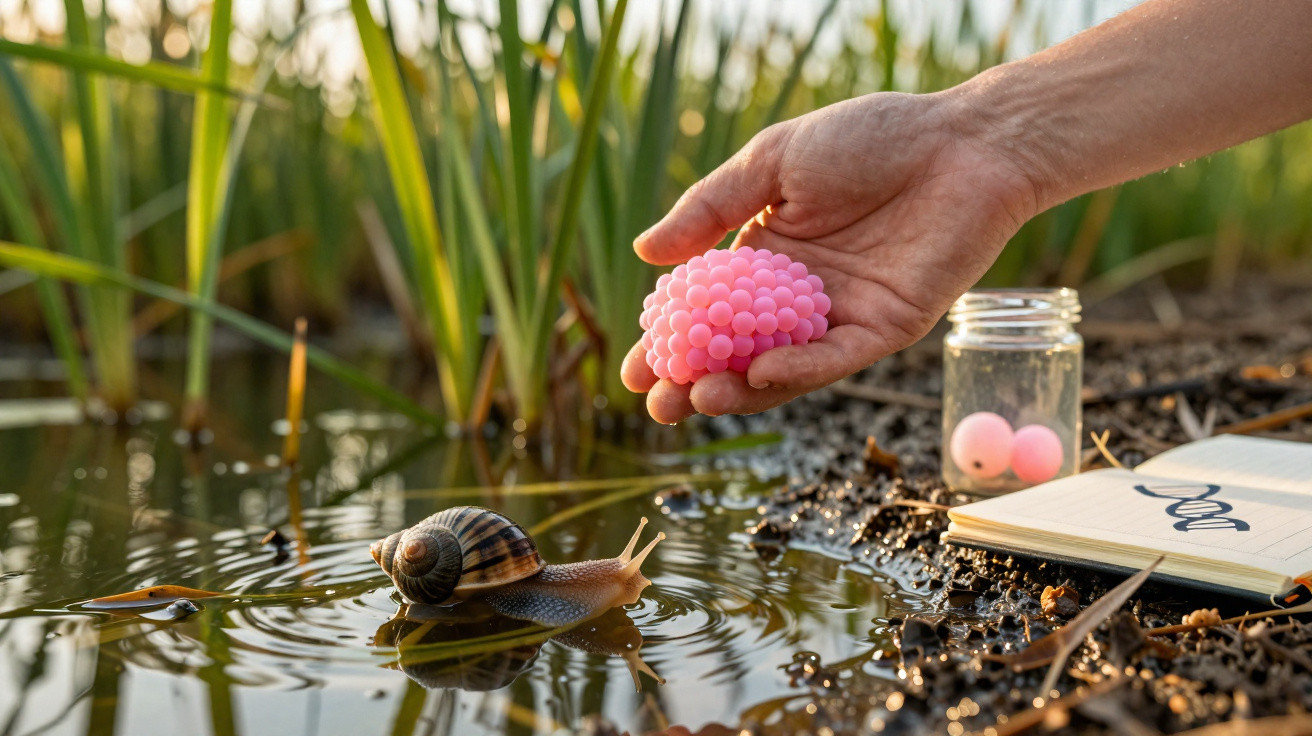 Mão segurando esponja rosa ao lado de caracol na água em ambiente natural com plantas e caderno aberto.