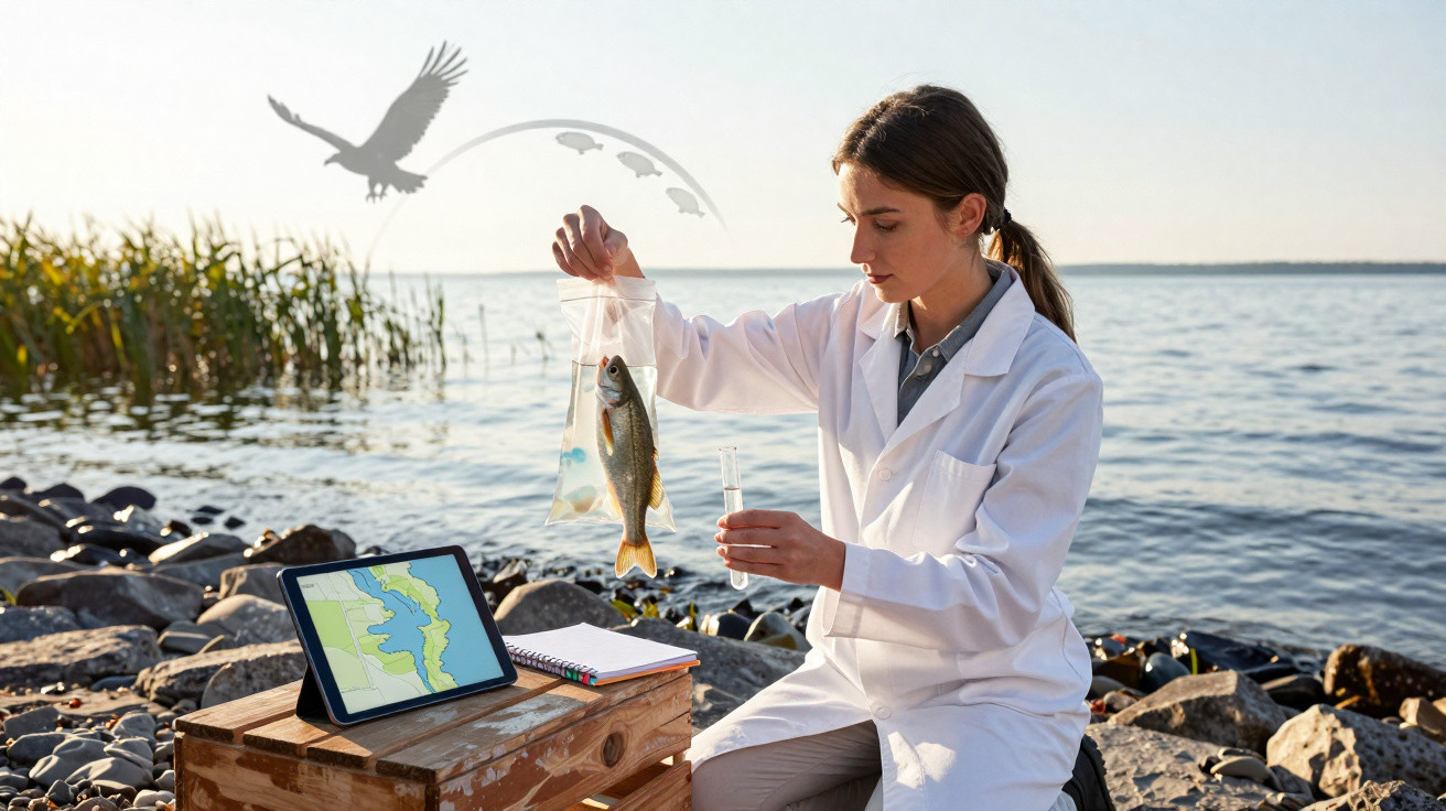 Mulher cientista em jaleco coleta amostra de peixe para análise à beira de um lago rochoso.
