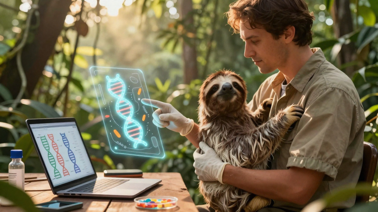 Homem analisa modelo digital de DNA enquanto segura bicho-preguiça em ambiente de floresta.