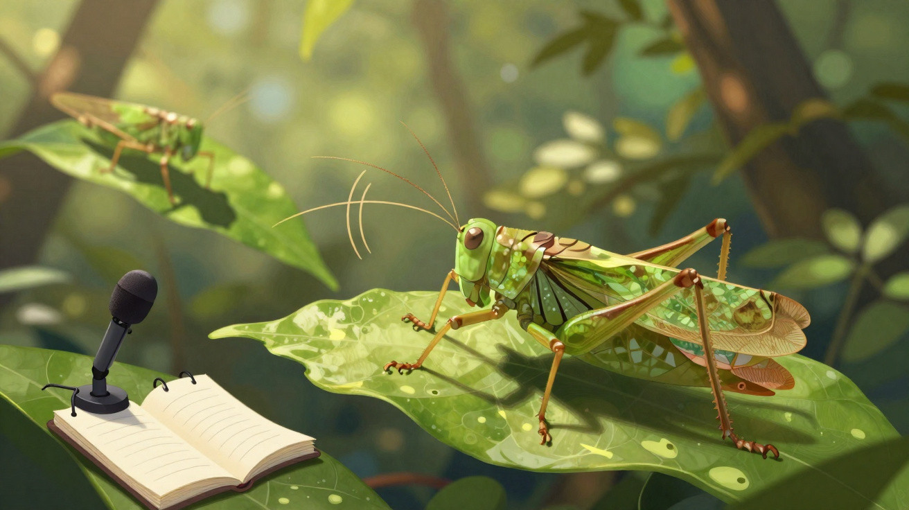 Grilo verde em uma folha com microfone e caderno aberto ao lado em ambiente natural iluminado.