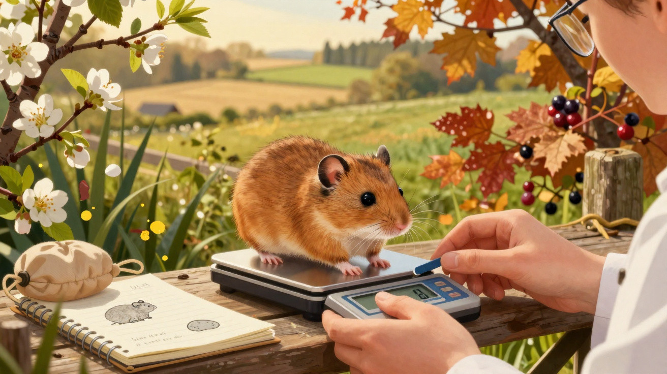 Hamster marrom sendo pesado em balança digital ao ar livre, com campo e flores ao fundo.